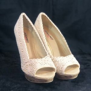 American Rag, Open Toe, Cream Crotched Lace, Cork-look Wedges